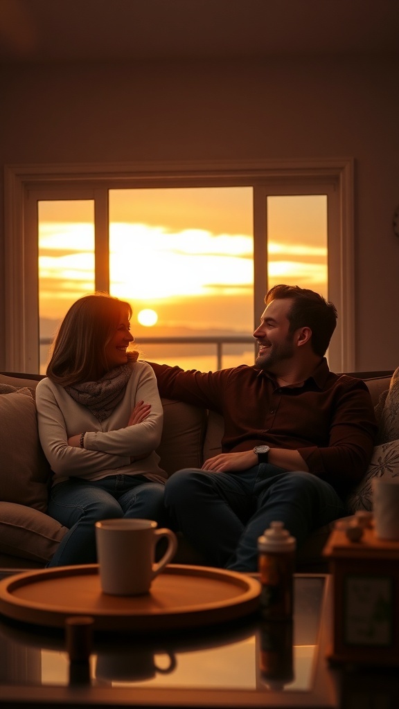 A couple enjoying a heartfelt conversation on a couch, with warm lighting and a cozy atmosphere.